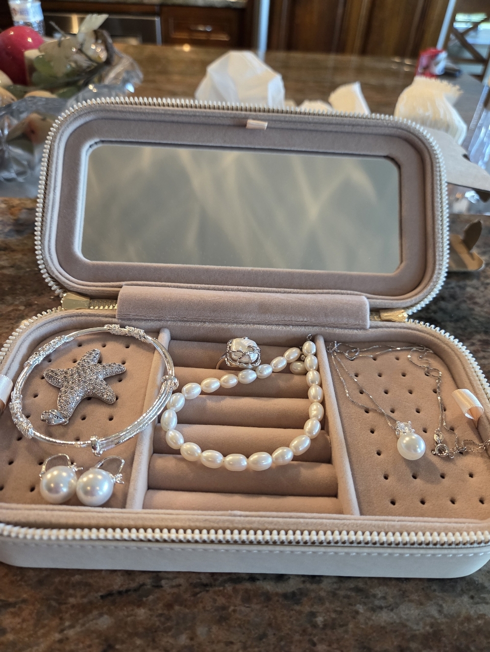 Sterling Silver Pearl And CZ Jewelry With Case - Cream Color
